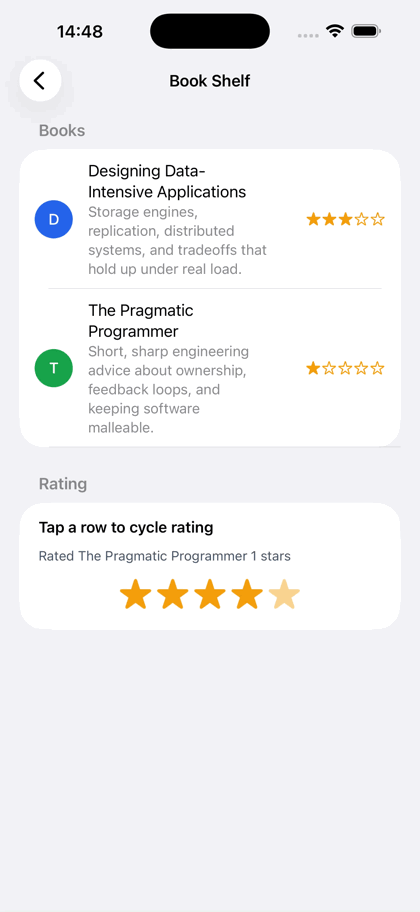 Super NativePHP book shelf demo showing rating changes, the edit sheet, and row actions