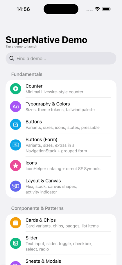 Super NativePHP reference app showing native component demos in the simulator