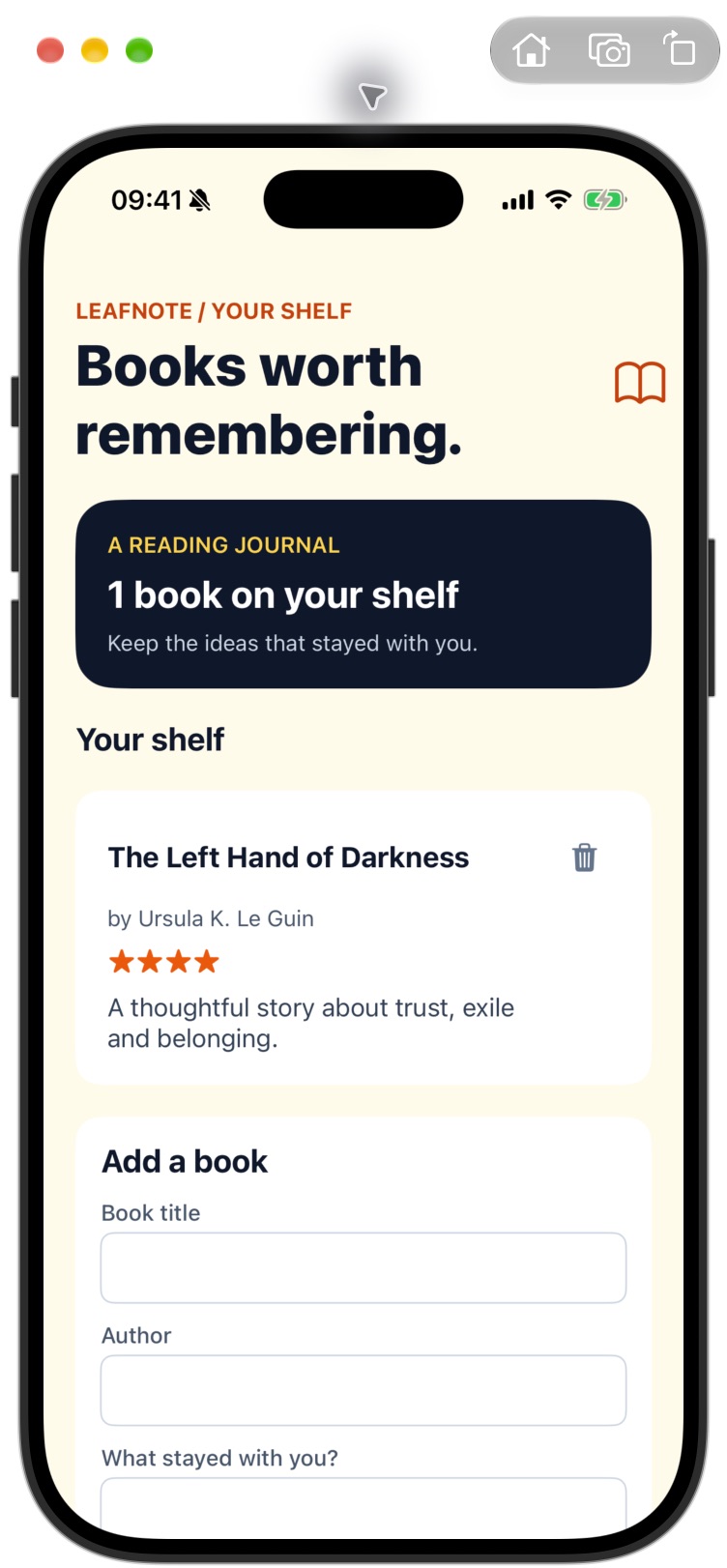 Leafnote book review app running on an iPhone 17 Pro simulator with a saved four-star review