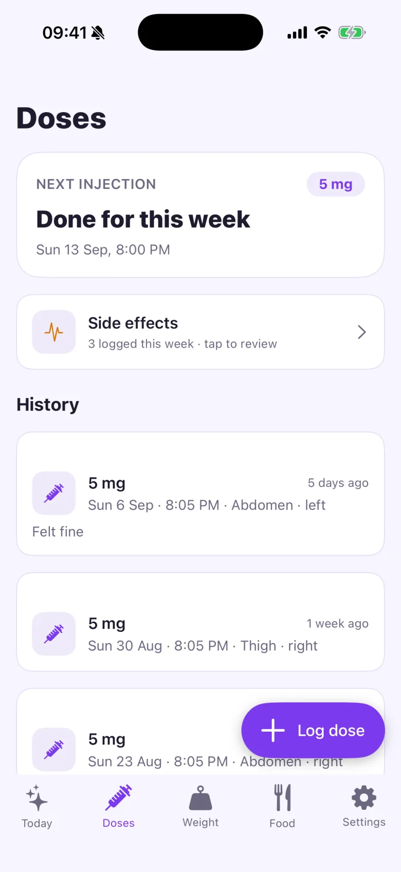 JabKeeper dose history with recorded injections