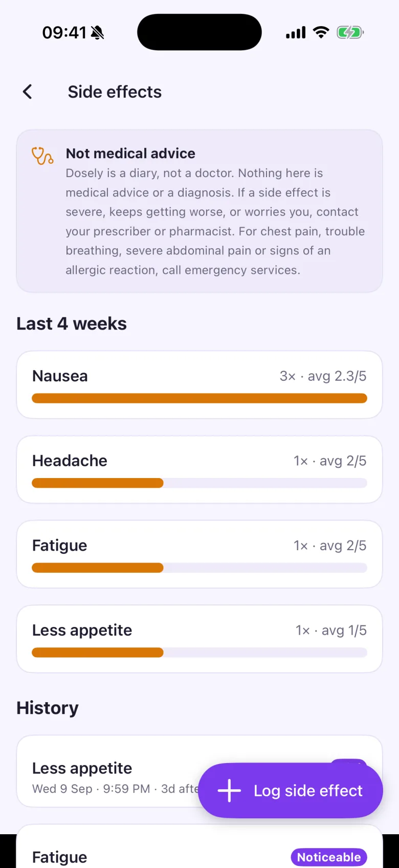 JabKeeper side effect diary with symptom severity