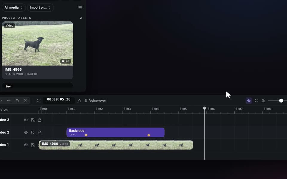 ZXN Studio timeline for clips, titles, audio and transitions